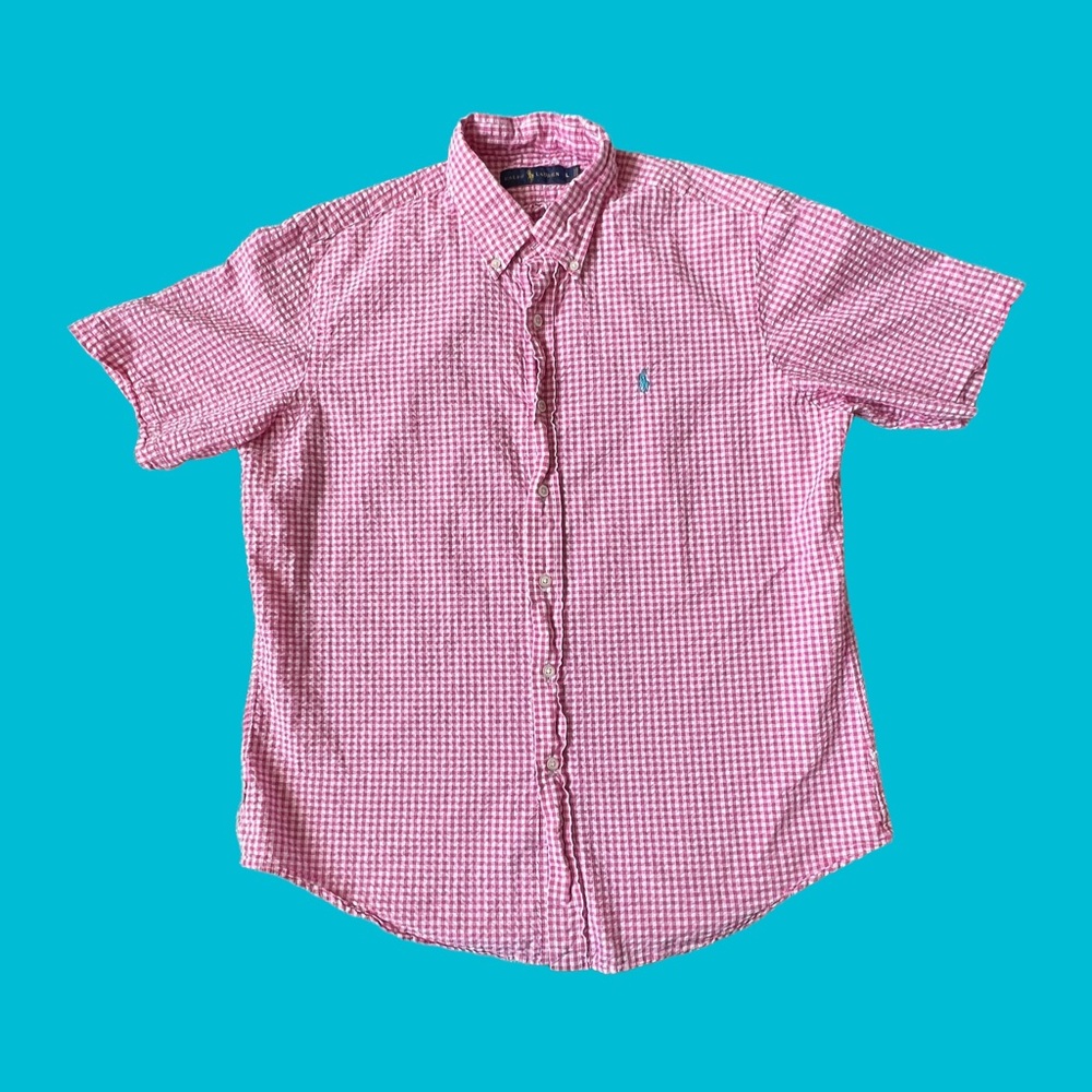 Ralph Lauren Seersucker Button Shirt Lightweight 100% Cotton Pink Men Size Large